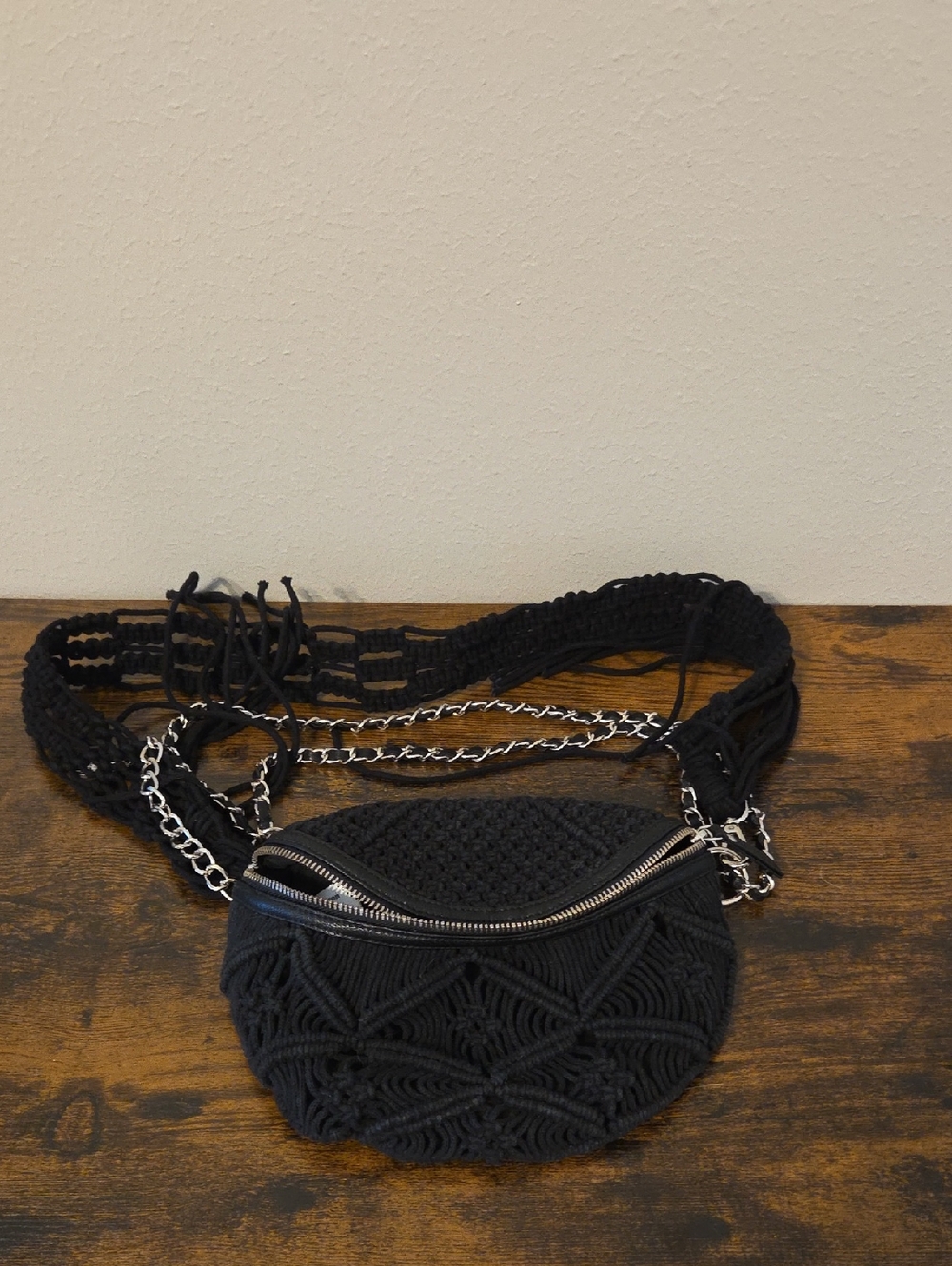 Steve Madden Black Macramé Chain-Trim bag